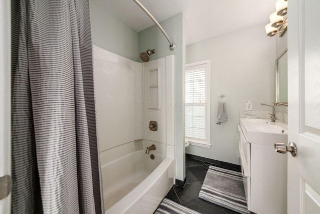 full bathroom with tile patterned flooring, shower / bath combo, vanity, and toilet