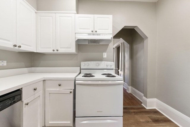 kitchen featuring white electric range, dark hardwood / wood-style floors, white cabinetry, and stainless steel dishwasher