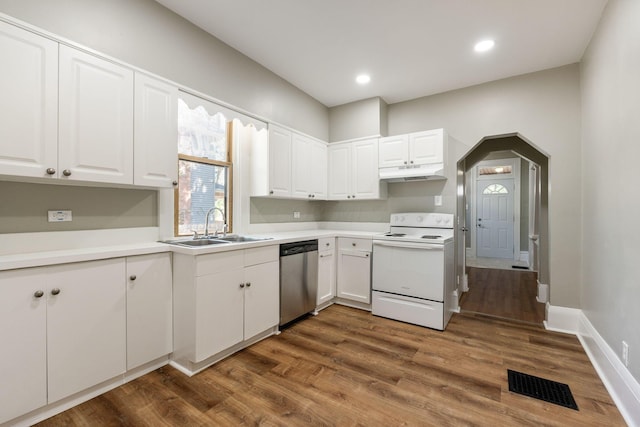 kitchen featuring white cabinets, dark wood-type flooring, sink, electric range, and dishwasher