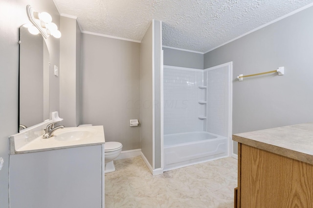 full bathroom with crown molding, a textured ceiling, toilet, vanity, and tiled shower / bath