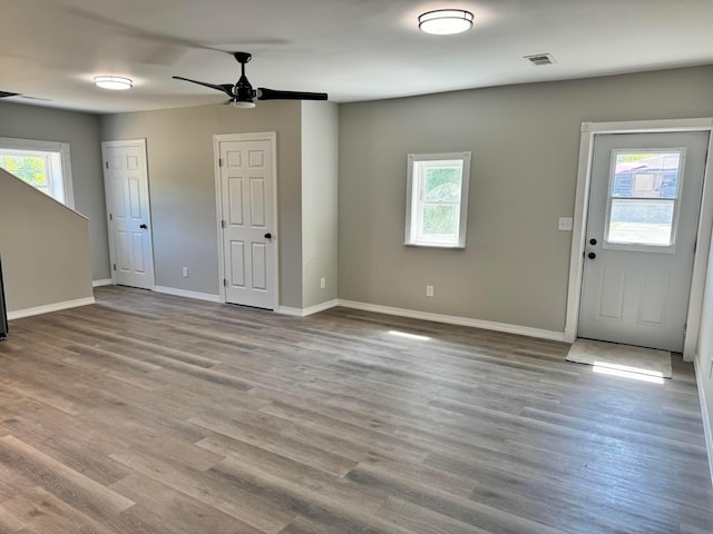 foyer with plenty of natural light, ceiling fan, and light wood-type flooring