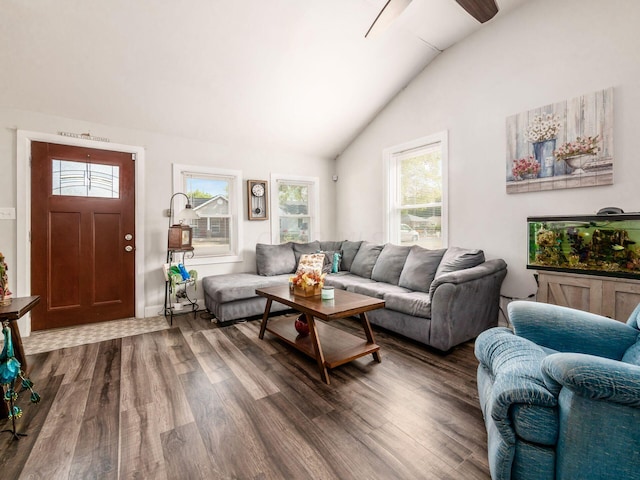 living room featuring dark hardwood / wood-style floors, ceiling fan, and vaulted ceiling