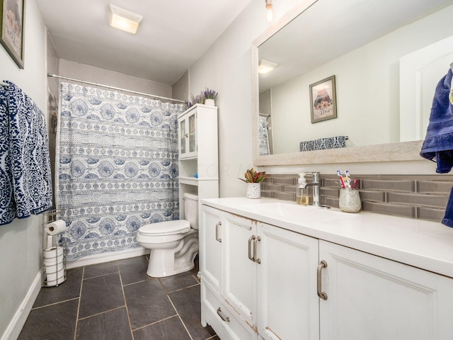 bathroom featuring a shower with curtain, tile patterned flooring, toilet, decorative backsplash, and vanity