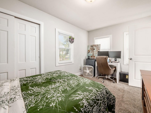 carpeted bedroom with a closet