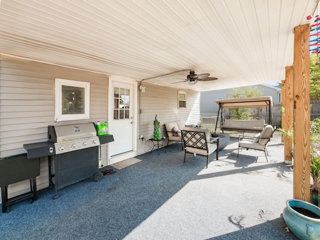 view of patio featuring ceiling fan, a grill, and an outdoor hangout area