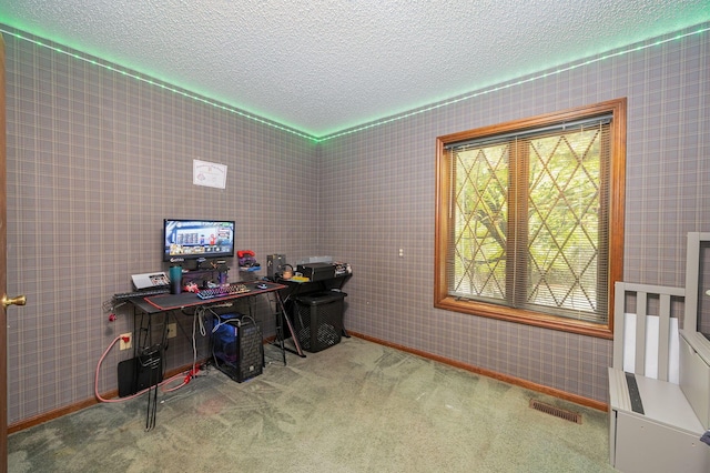 carpeted office with a textured ceiling