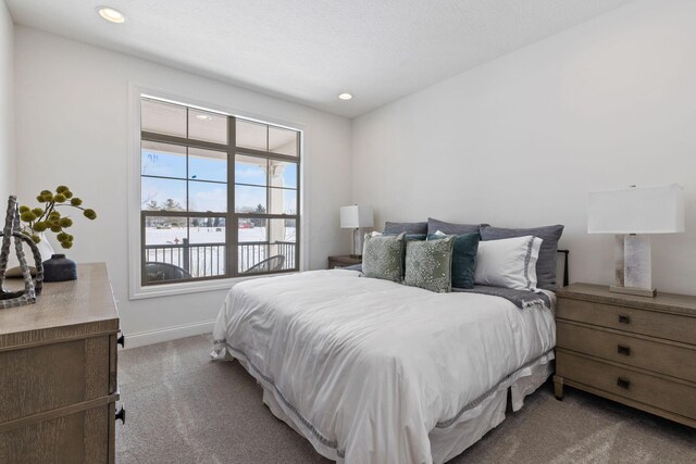 bedroom featuring carpet floors, baseboards, and recessed lighting