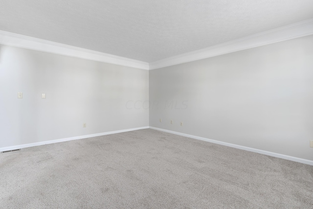 carpeted empty room with a textured ceiling and ornamental molding