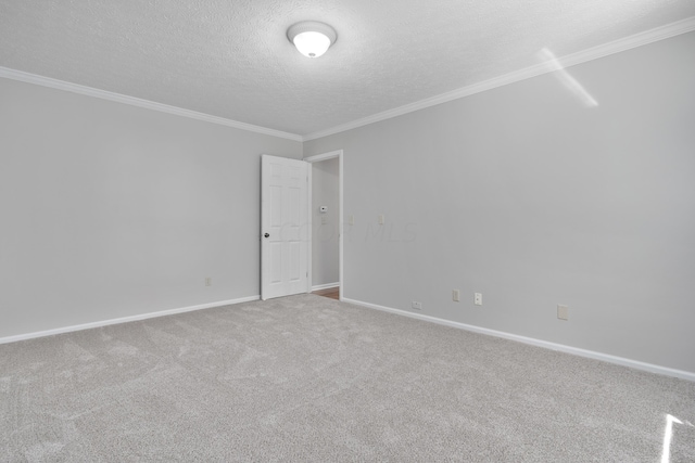 spare room featuring carpet, ornamental molding, and a textured ceiling