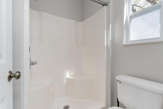 bathroom with toilet, a shower, and a wealth of natural light