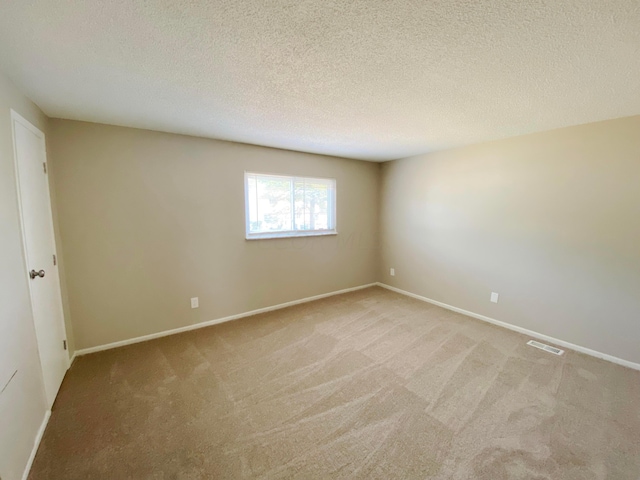 spare room with a textured ceiling and light carpet