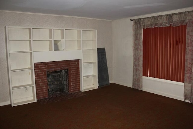 unfurnished living room featuring a fireplace and ornamental molding