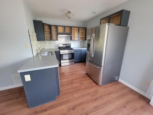 kitchen with tasteful backsplash, sink, hardwood / wood-style floors, and stainless steel appliances