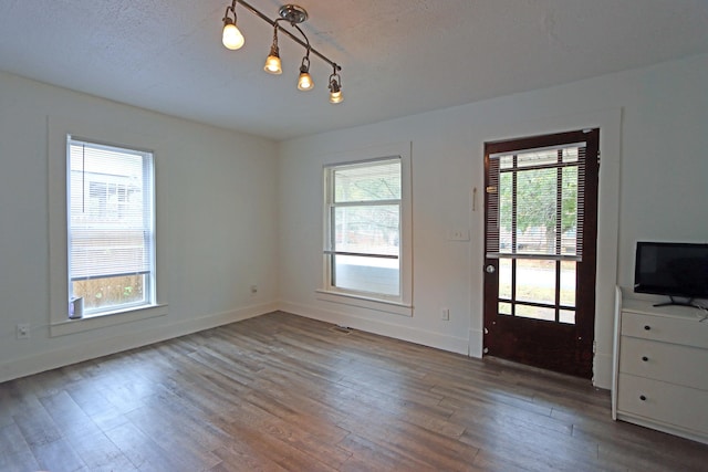 interior space with wood-type flooring and a textured ceiling