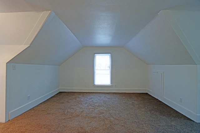 additional living space featuring a textured ceiling, vaulted ceiling, and dark colored carpet