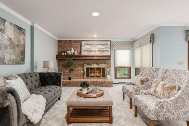 living room with carpet flooring, a brick fireplace, and ornamental molding