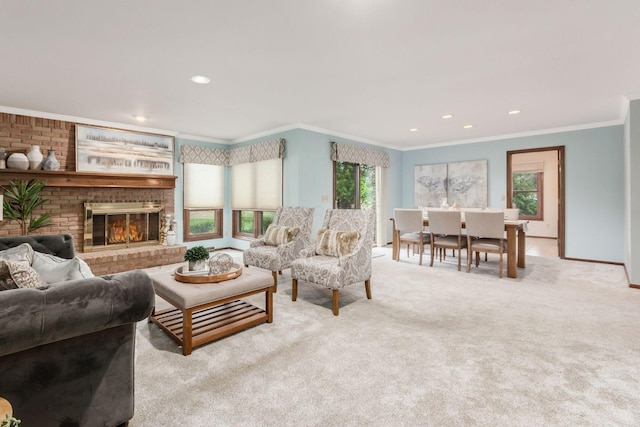 carpeted living room featuring a brick fireplace and ornamental molding