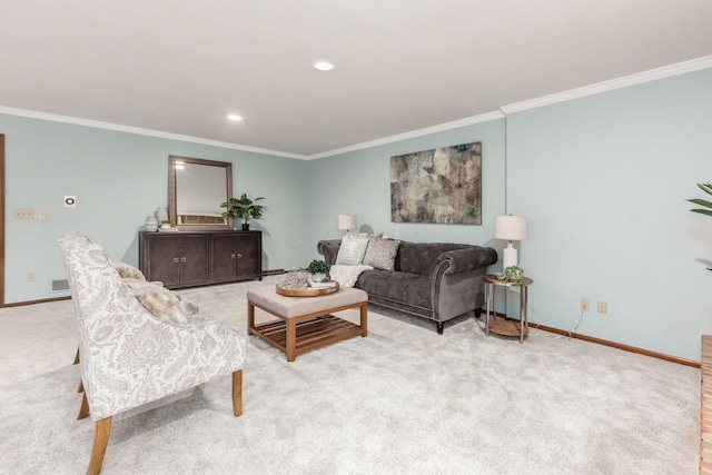 carpeted living room with crown molding