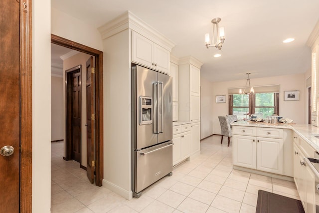 kitchen with high end fridge, ornamental molding, light tile patterned floors, a notable chandelier, and hanging light fixtures