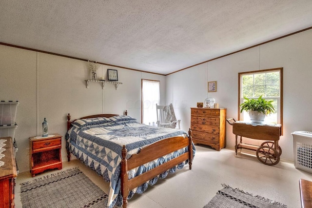 bedroom featuring a textured ceiling, vaulted ceiling, and ornamental molding