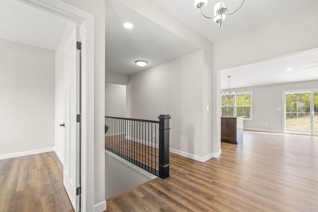 corridor with an inviting chandelier and wood-type flooring