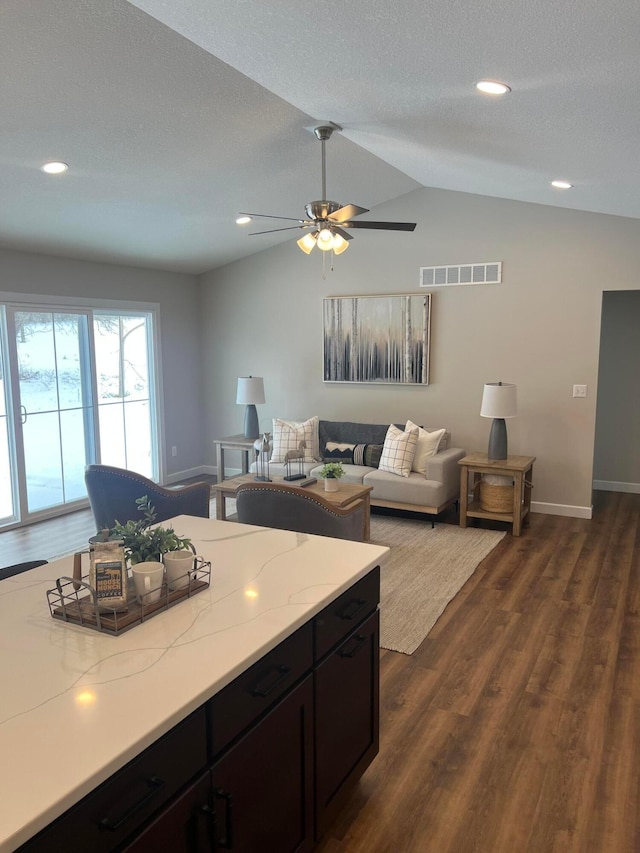 kitchen featuring vaulted ceiling, dark hardwood / wood-style flooring, dark brown cabinetry, ceiling fan, and a textured ceiling