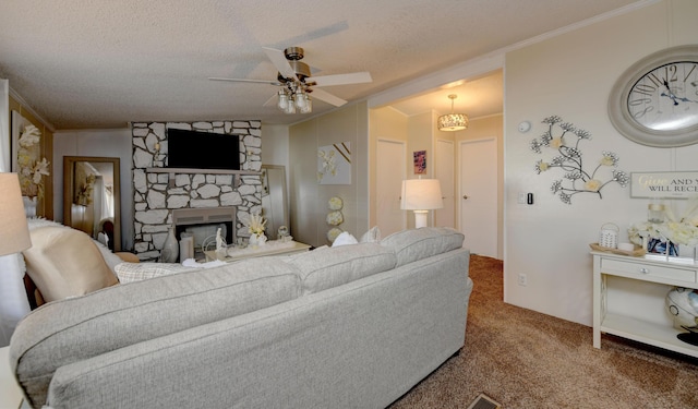 living room with carpet, lofted ceiling, ceiling fan, a fireplace, and a textured ceiling