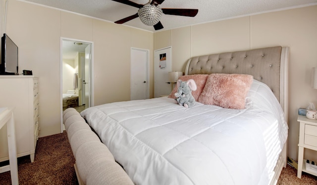 carpeted bedroom featuring a textured ceiling, ceiling fan, and connected bathroom