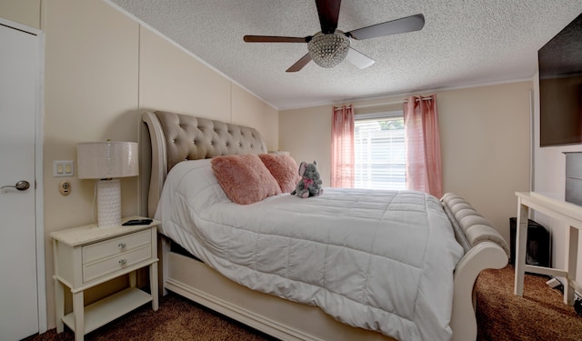 carpeted bedroom with vaulted ceiling, ceiling fan, and a textured ceiling