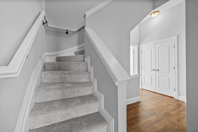 staircase featuring hardwood / wood-style flooring