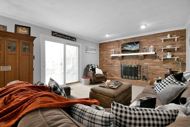 living room featuring brick wall, crown molding, a fireplace, and light carpet