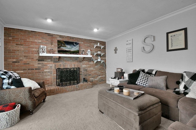 living room featuring carpet, a fireplace, crown molding, and brick wall