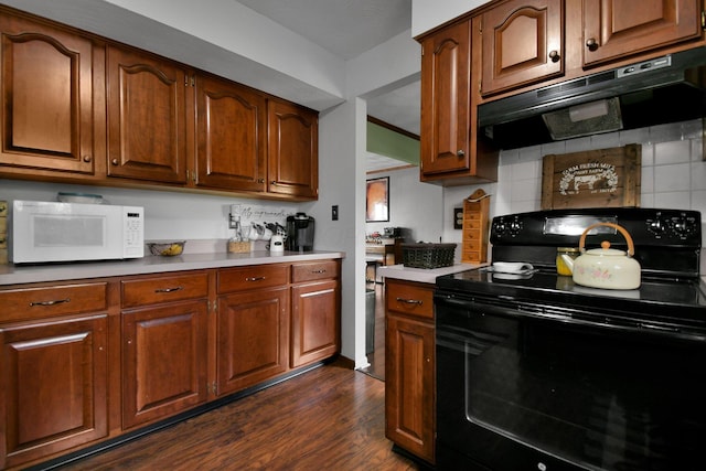 kitchen featuring electric range, ventilation hood, tasteful backsplash, and dark wood-type flooring