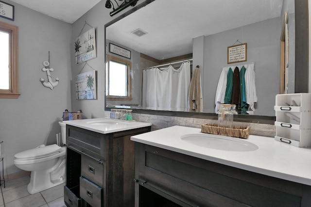 bathroom with tile patterned floors, vanity, toilet, and a shower with shower curtain