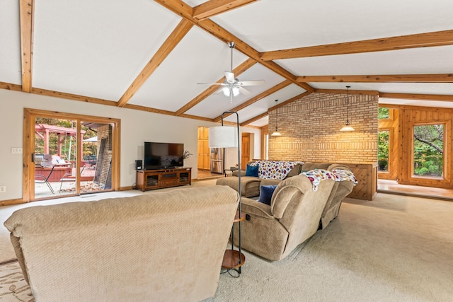 carpeted living room featuring vaulted ceiling with beams and ceiling fan