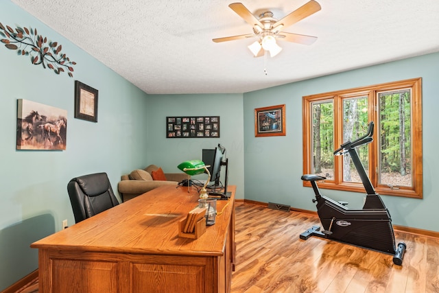 office with ceiling fan, a textured ceiling, and light hardwood / wood-style flooring