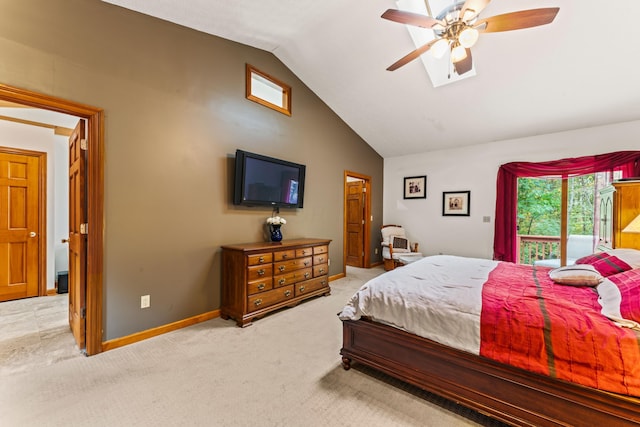 carpeted bedroom featuring access to exterior, ceiling fan, and vaulted ceiling