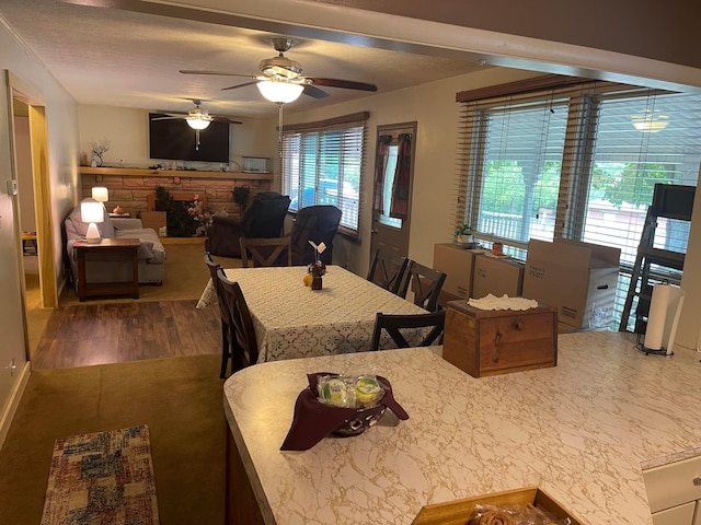 dining room with a textured ceiling, dark hardwood / wood-style flooring, a wealth of natural light, and ceiling fan