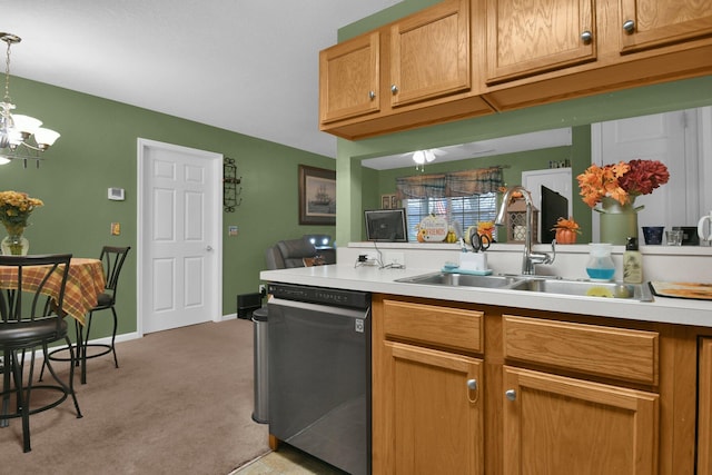 kitchen with light carpet, stainless steel dishwasher, sink, pendant lighting, and an inviting chandelier