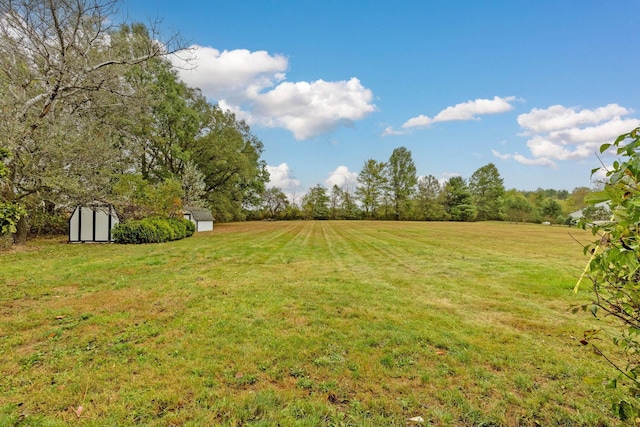 view of yard with a rural view and a storage shed