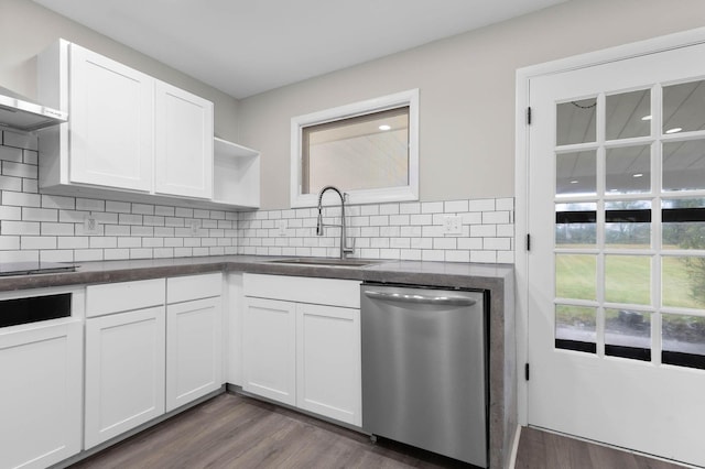 kitchen with white cabinetry, dishwasher, dark wood-type flooring, and sink