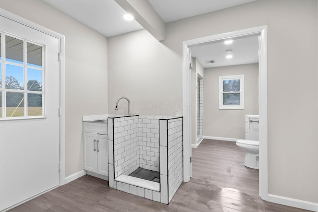 bathroom featuring wood-type flooring, vanity, toilet, and a healthy amount of sunlight