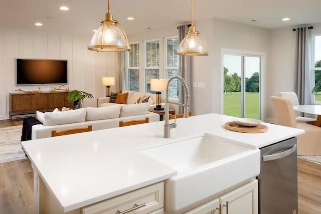 kitchen featuring open floor plan, a sink, dishwasher, and wood finished floors