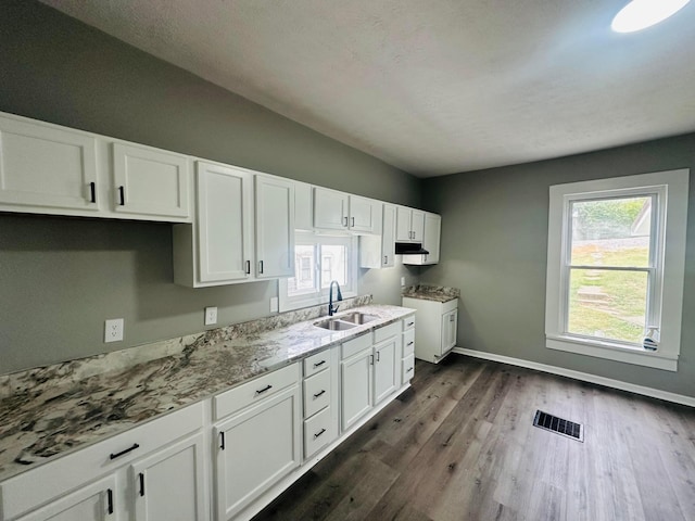 kitchen featuring white cabinets, dark hardwood / wood-style floors, light stone countertops, and sink