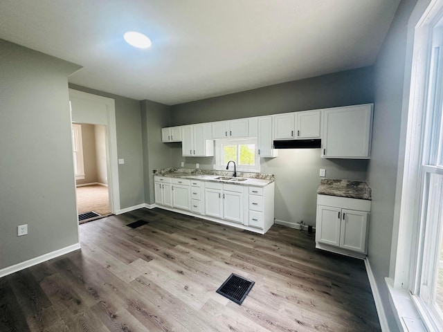 kitchen with white cabinets, hardwood / wood-style floors, light stone counters, and sink