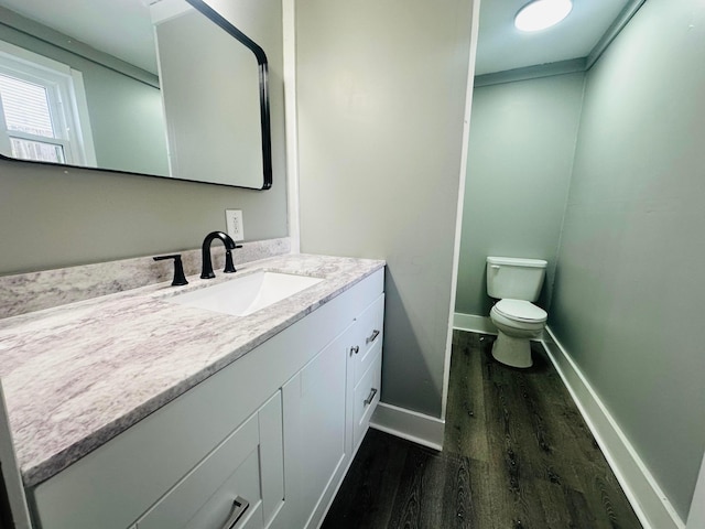 bathroom with vanity, wood-type flooring, and toilet