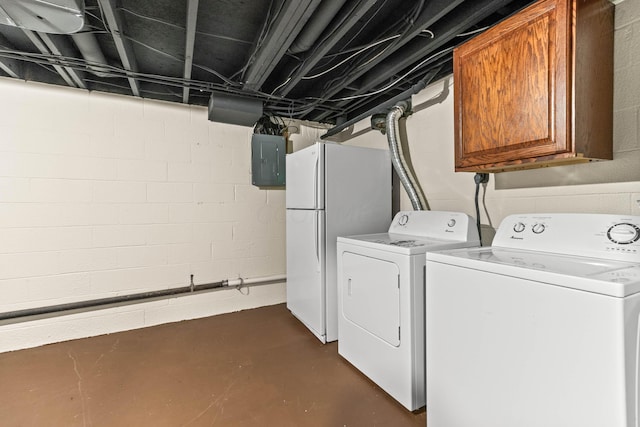 clothes washing area with cabinets, independent washer and dryer, and electric panel