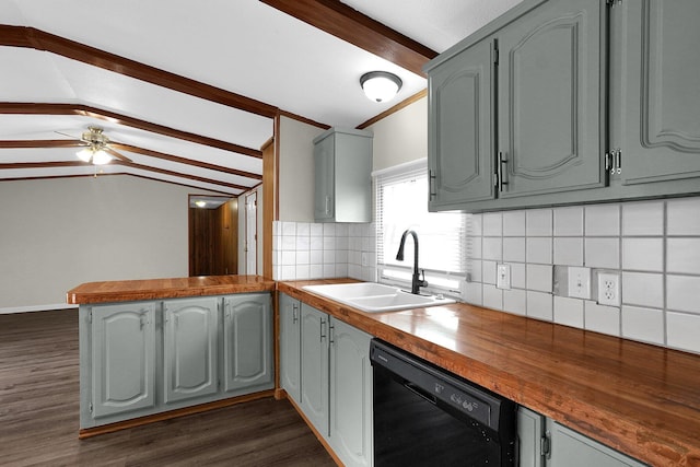 kitchen with wooden counters, decorative backsplash, dark hardwood / wood-style flooring, black dishwasher, and vaulted ceiling with beams