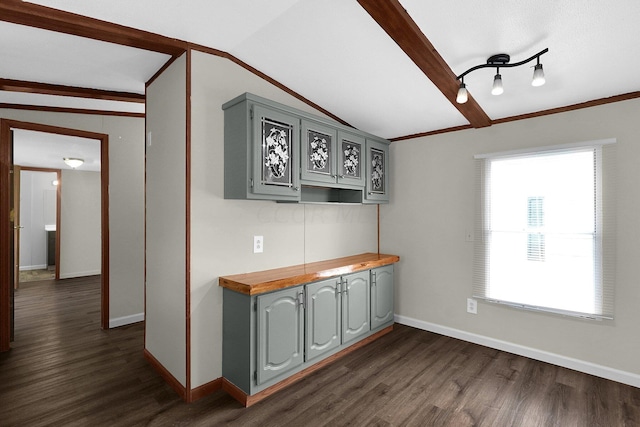 interior space with gray cabinets, vaulted ceiling, and dark hardwood / wood-style floors