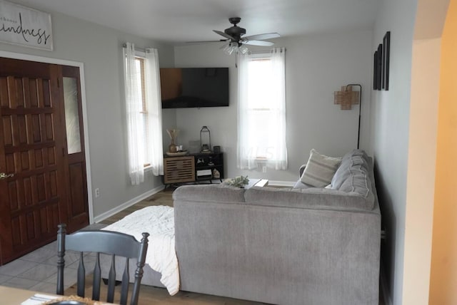 living room with ceiling fan and wood-type flooring